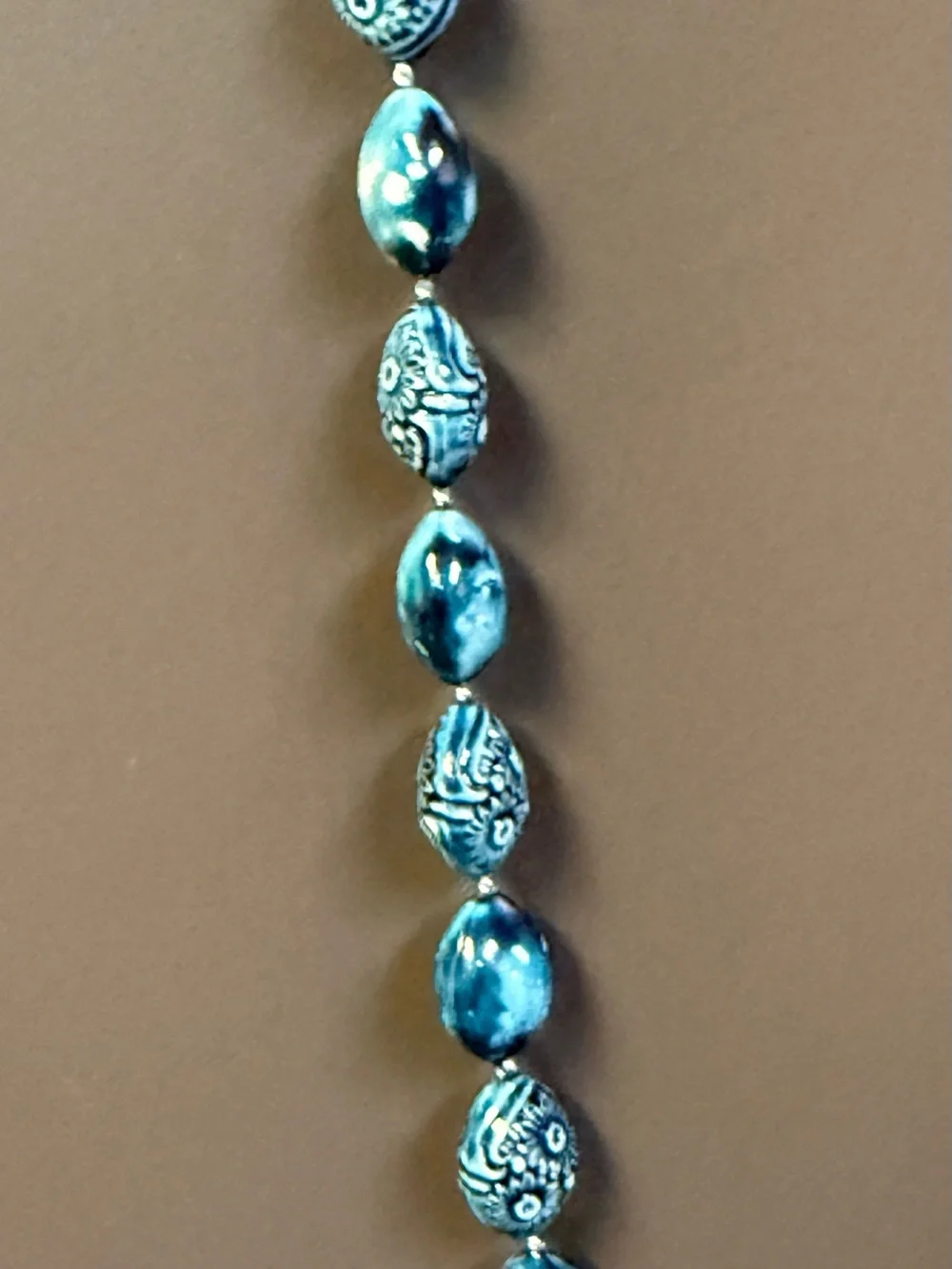 Blue Floral Ceramic Textured Bead 28” Necklace